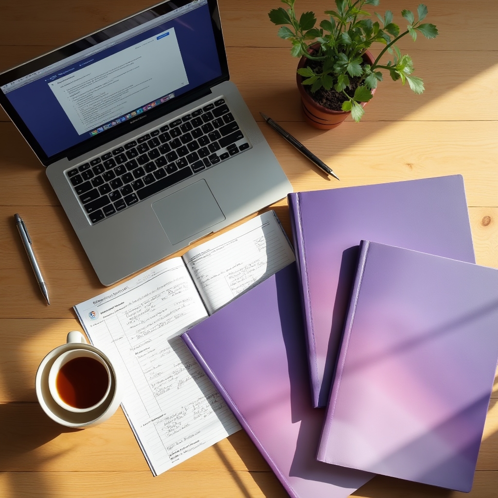 Neatly arranged course workbooks, laptop, and planning worksheets on a clean wooden desk in warm light