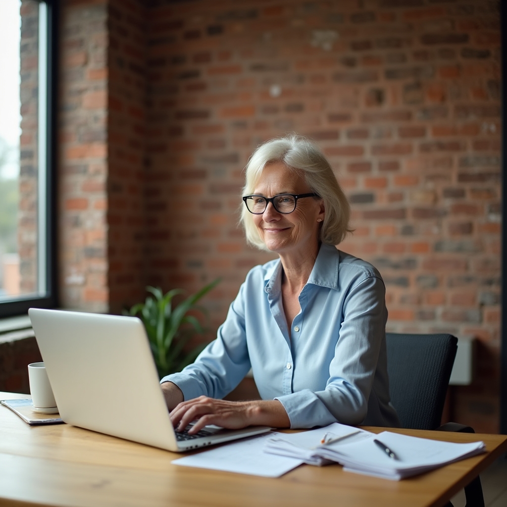 Manager experiencing a moment of clarity at a desk with clean organized papers and a calm expression