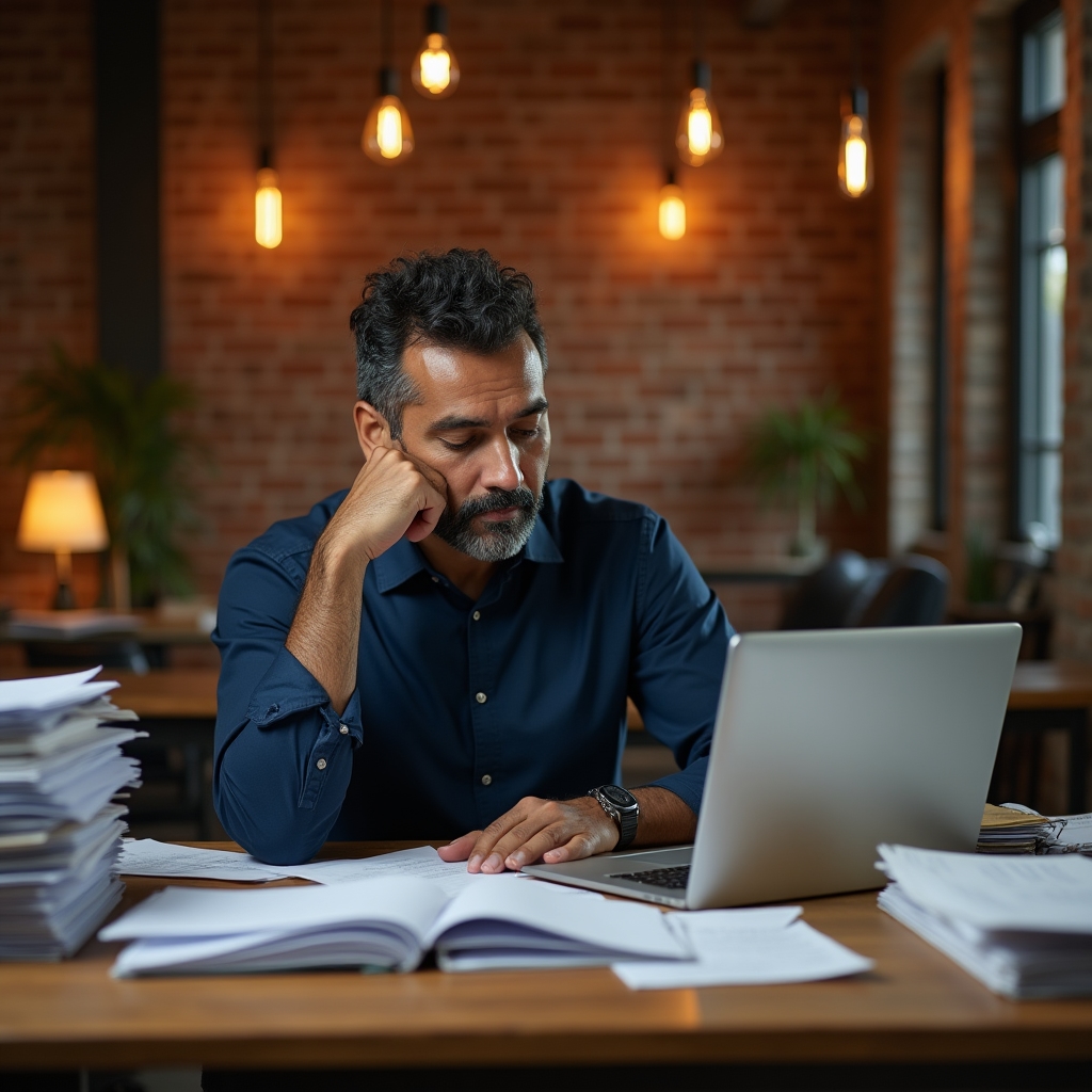 Manager at a desk surrounded by work, looking overwhelmed but thoughtful