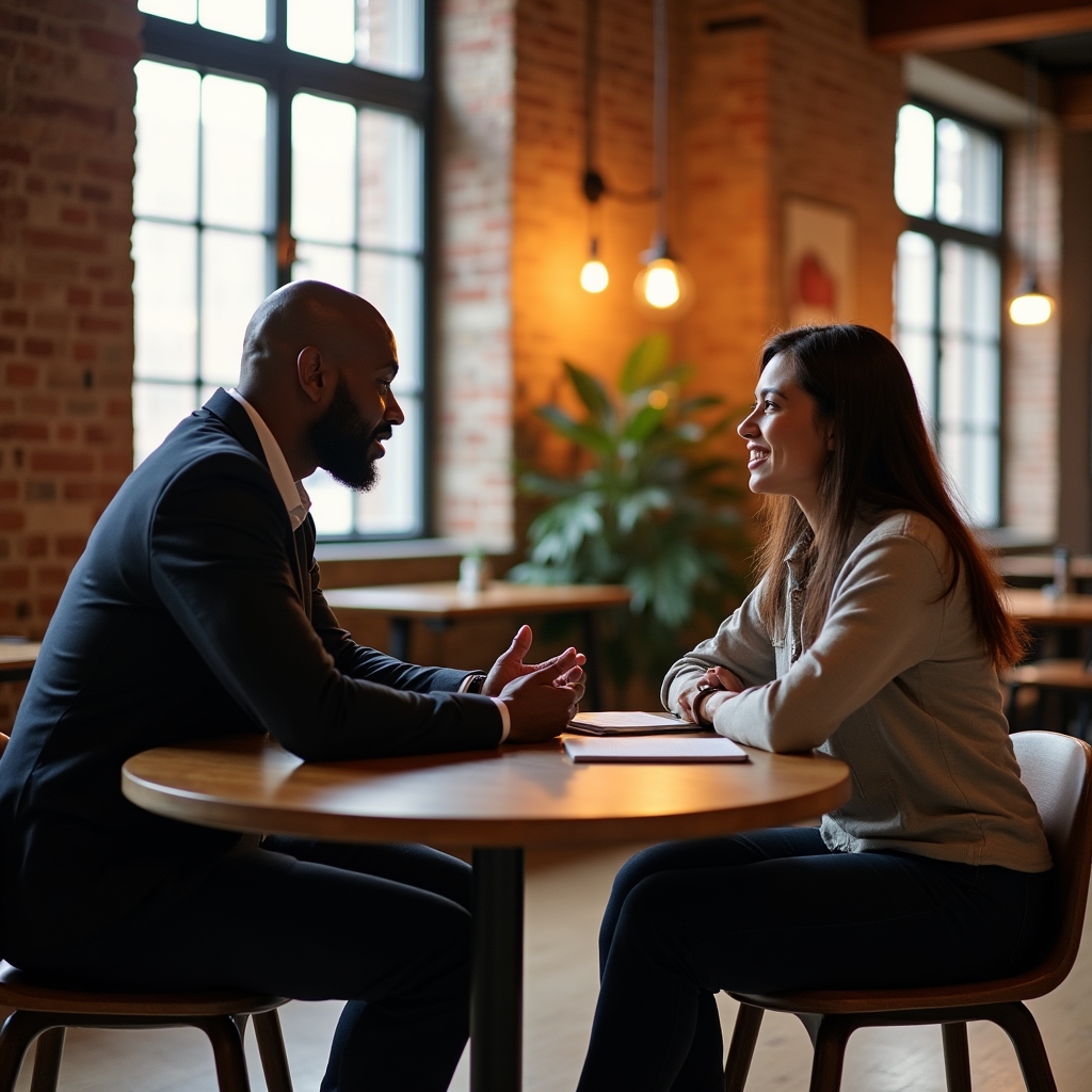 An experienced manager in a coaching conversation with a younger team member, both engaged and attentive