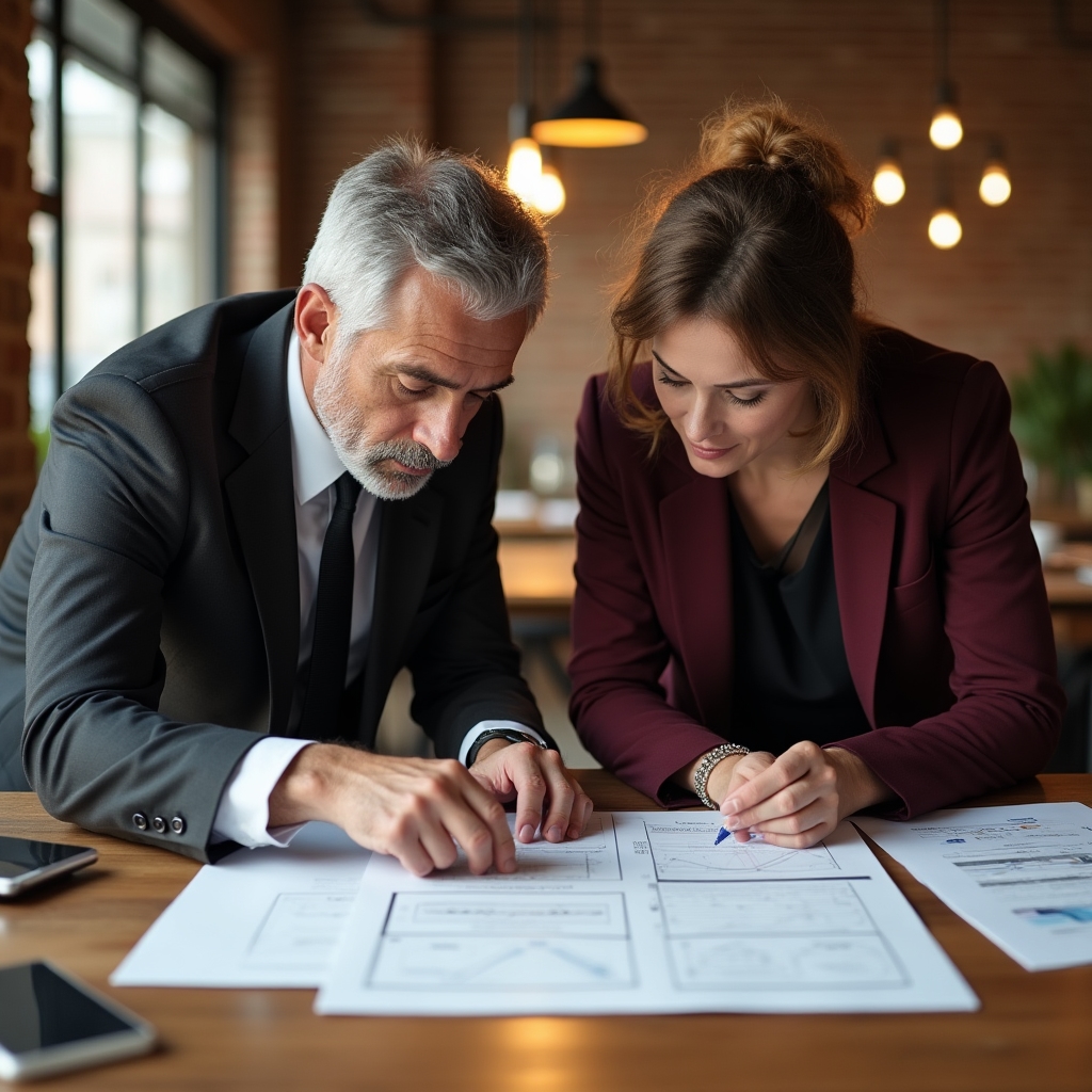 Two managers working through a structured planning document at a table with focused expressions