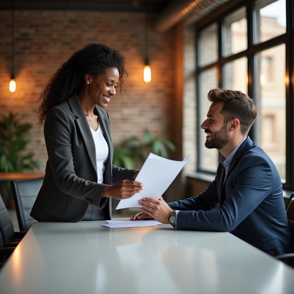 Manager handing off a project document to a team member in a bright office setting