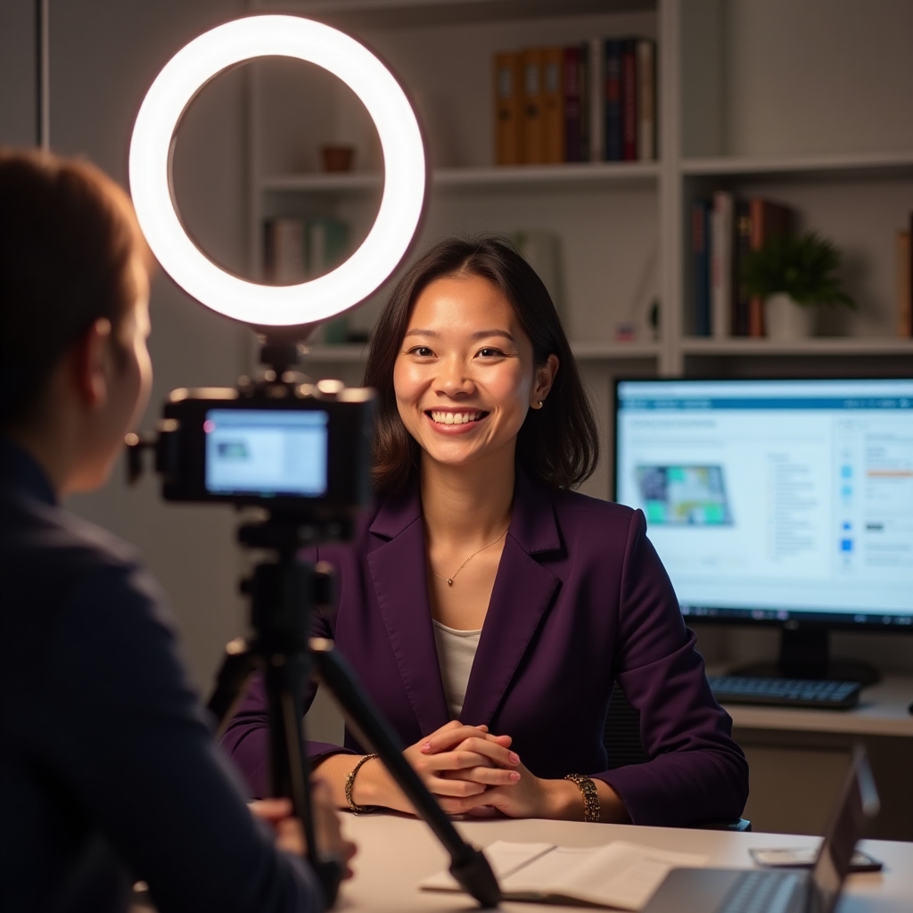 A manager presenting remotely in a well-lit home office with professional camera setup and engaged expression