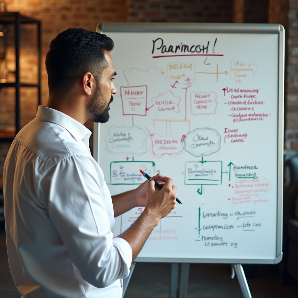 A whiteboard covered in delegation framework diagrams during a planning session
